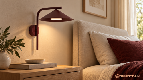 Bordowy kinkiet LUME 11693 TK-Lighting to dekoracyjne oświetlenie nad komodę lub obok łóżka. Stal lakierowana, stożkowy klosz i źródło GX53 w zestawie. Ciepła barwa 3000 K, strumień 560 lm, maksymalna moc LED 11 W.
