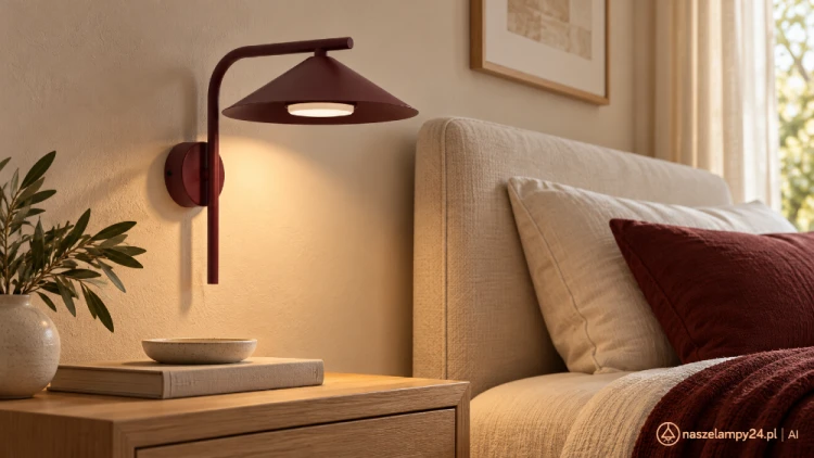 Bordowy kinkiet LUME 11693 TK-Lighting to dekoracyjne oświetlenie nad komodę lub obok łóżka. Stal lakierowana, stożkowy klosz i źródło GX53 w zestawie. Ciepła barwa 3000 K, strumień 560 lm, maksymalna moc LED 11 W.