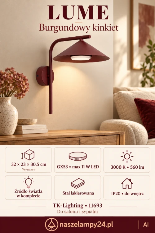 Wybierz burgundowy kinkiet LUME TK-Lighting 11693 do salonu, sypialni lub przedpokoju. Stożkowy klosz i smukły stelaż dobrze komponują się z drewnem i beżami. W zestawie źródło GX53: ciepłe światło 3000 K i 560 lm.