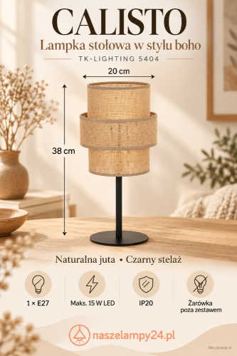 Lampka nocna CALISTO czarna juta TK-Lighting 5404 podkreśli naturalny charakter wnętrza. Dekoracyjny abażur, smukły stelaż i wygodny włącznik sprawdzą się w codziennym użytkowaniu. 1×E27, maks. 15 W LED, wysokość 38 cm.