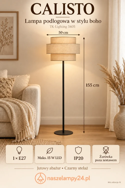 CALISTO TK-Lighting 5405 to lampa podłogowa z dekoracyjnym jutowym abażurem. Idealna obok sofy lub fotela we wnętrzu boho, nowoczesnym i rustykalnym. Wysokość 155 cm, czarny stelaż, 1×E27, IP20. Bez żarówki.