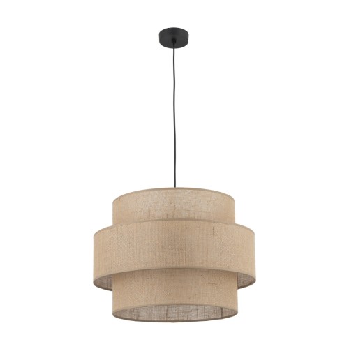 Lampa wisząca CALISTO TK-Lighting 5402 z jutowym abażurem i czarnym zawieszeniem pasuje do wnętrz boho. Średnica 50 cm, wysokość całkowita 110 cm. Trzy oprawki E27, maks. 3×15 W LED. Żarówki poza zestawem.