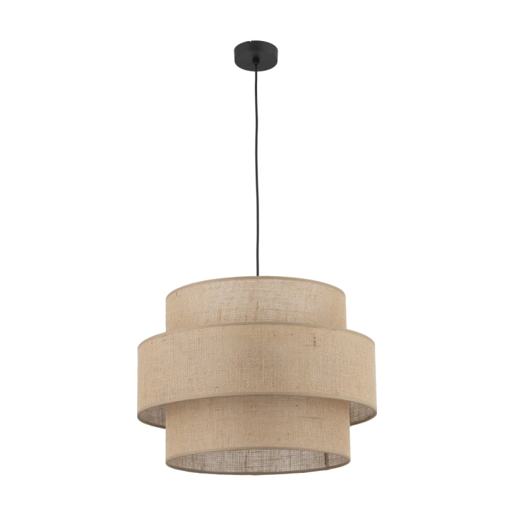 Lampa wisząca CALISTO TK-Lighting 5402 z jutowym abażurem i czarnym zawieszeniem pasuje do wnętrz boho. Średnica 50 cm, wysokość całkowita 110 cm. Trzy oprawki E27, maks. 3×15 W LED. Żarówki poza zestawem.
