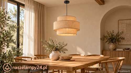 Ociepl wystrój jadalni z lampą CALISTO 5402. Beżowa juta i czarne zawieszenie pięknie komponują się z drewnianym stołem oraz lnianymi dodatkami. Wymiary 50 × 50 × 110 cm, 3×E27, maks. 3×15 W LED. IP20.