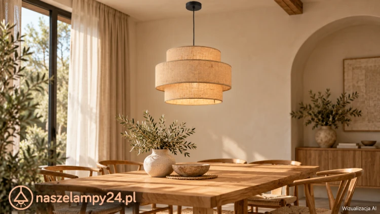 Ociepl wystrój jadalni z lampą CALISTO 5402. Beżowa juta i czarne zawieszenie pięknie komponują się z drewnianym stołem oraz lnianymi dodatkami. Wymiary 50 × 50 × 110 cm, 3×E27, maks. 3×15 W LED. IP20.