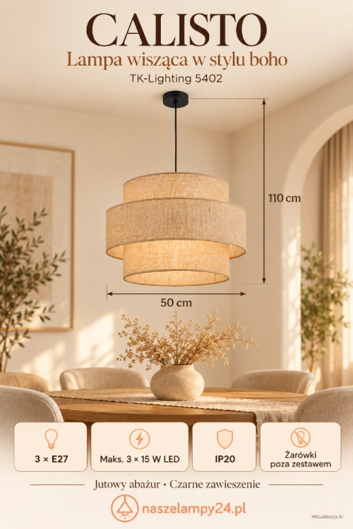 CALISTO TK-Lighting 5402 to lampa sufitowa boho z dekoracyjnym jutowym abażurem. Idealna do salonu, sypialni lub nad stół. Średnica 50 cm, wysokość 110 cm. Trzy wymienne żarówki E27 pozwalają dobrać barwę i jasność światła.