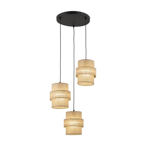 Lampa wisząca CALISTO TK-Lighting 6098 z trzema jutowymi abażurami tworzy dekoracyjną kaskadę. Pasuje do salonu i jadalni boho. Wymiary 45 × 45 × 145 cm, czarne zawieszenie, 3×E27, maks. 3×15 W LED. Bez żarówek.
