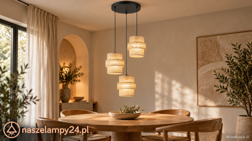 Wprowadź styl boho do jadalni z lampą CALISTO 6098. Trzy beżowe abażury z juty na różnych wysokościach pięknie komponują się z drewnem i lnem. Czarne detale, szerokość 45 cm, wysokość całkowita 145 cm. Oprawki 3×E27.