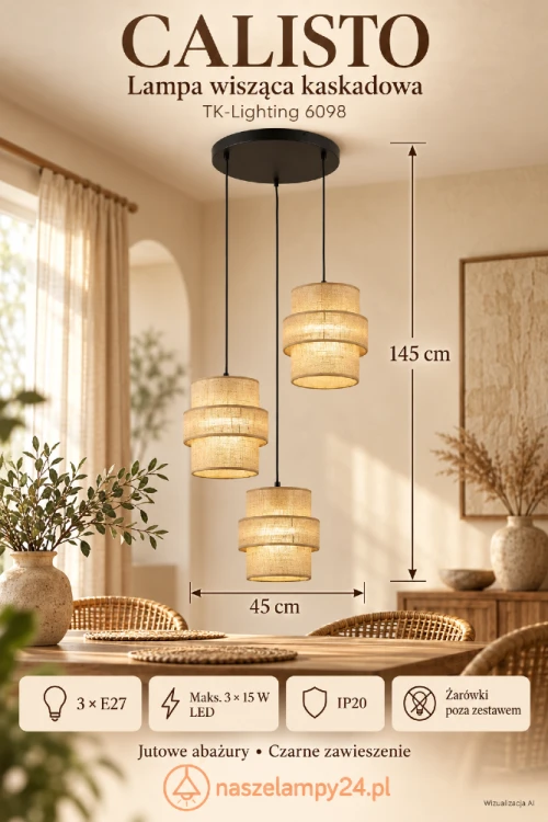 CALISTO 6098 TK-Lighting to lampa kaskadowa do przytulnych wnętrz. Jutowe abażury i czarna podsufitka podkreślą aranżację boho, rustykalną lub scandic-eco. Wysokość 145 cm, szerokość 45 cm, 3×E27, IP20