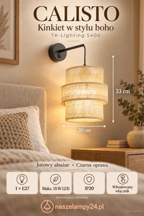 CALISTO TK-Lighting 5400 to kinkiet boho z dekoracyjnym jutowym abażurem. Uzupełni oświetlenie salonu lub sypialni, pozostawiając wolny blat stolika. Czarna oprawa, wysokość 33 cm, 1×E27. Bez żarówki w zestawie.
