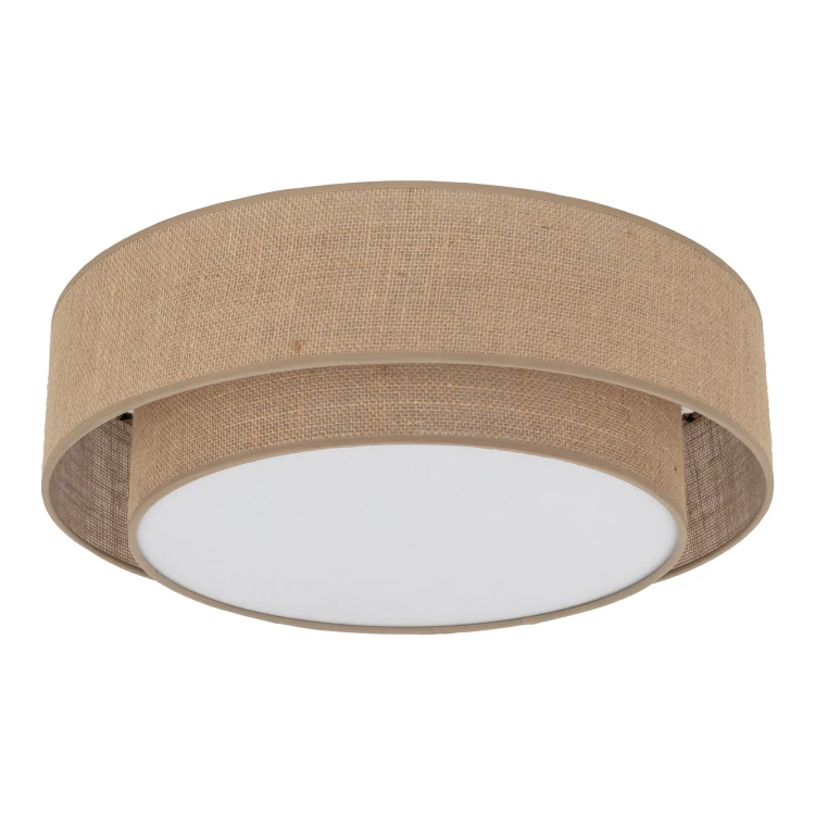 Szukasz lampy boho do niskiego pomieszczenia? Plafon CALISTO 11046 ma tylko 16,5 cm wysokości. Jutowy abażur o średnicy 50 cm pasuje do drewna i lnu. Mocowanie na magnes, 4×E27, maks. 4×15 W LED. Bez żarówek.