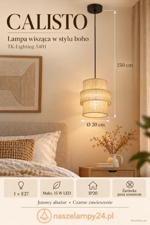 CALISTO TK-Lighting 5401 to niewielka lampa wisząca boho z dekoracyjnym abażurem z juty. Pasuje do salonu, sypialni i jadalni. Czarne zawieszenie, średnica 20 cm, wysokość 150 cm. Źródło światła E27, IP20.