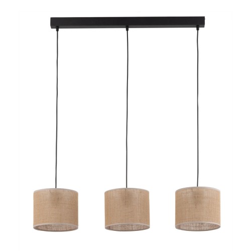 Lampa wisząca JUTA TK-Lighting 4597 z trzema jutowymi abażurami to oświetlenie nad stół w stylu boho. Czarna listwa, szerokość 84 cm, wysokość 100 cm. Oprawki 3×E27, maks. 3×15 W LED. Żarówki poza zestawem.