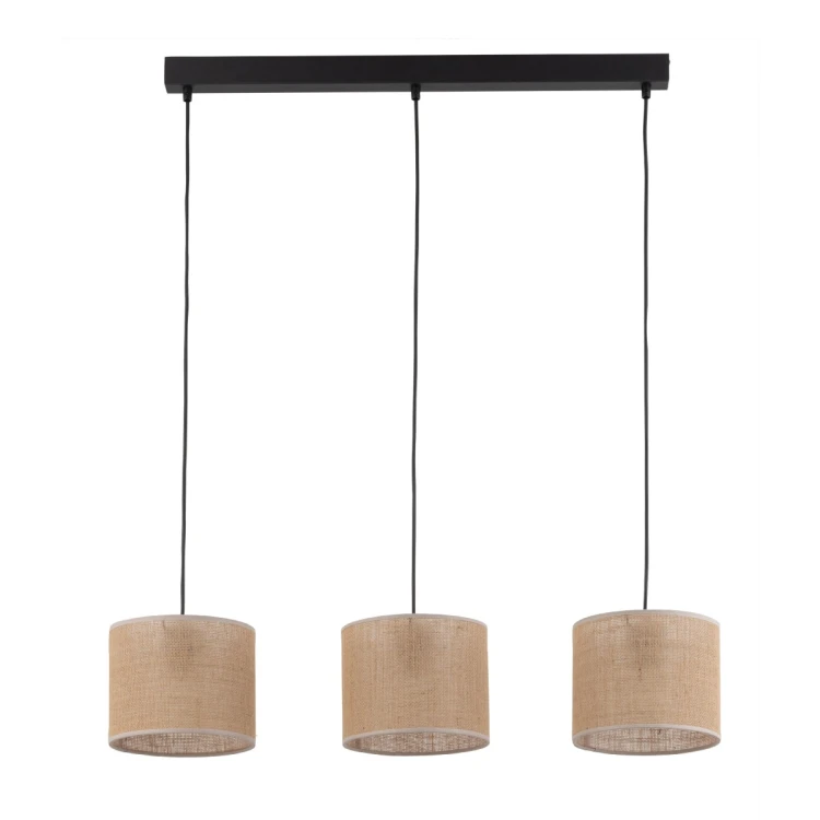 Lampa wisząca JUTA TK-Lighting 4597 z trzema jutowymi abażurami to oświetlenie nad stół w stylu boho. Czarna listwa, szerokość 84 cm, wysokość 100 cm. Oprawki 3×E27, maks. 3×15 W LED. Żarówki poza zestawem.