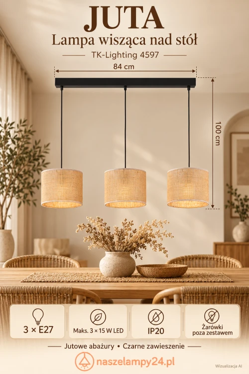 JUTA TK-Lighting 4597 to lampa wisząca boho nad stół lub wyspę kuchenną. Beżowe abażury i czarna listwa podkreślą naturalny charakter wnętrza. Szerokość 84 cm, 3×E27, maks. 15 W LED na żarówkę. IP20.