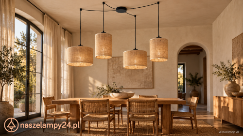 Stwórz przytulny salon z lampą JUTA 6585. Cztery beżowe abażury i czarne przewody pasują do drewna, lnu oraz wikliny. Osobne mocowania ułatwiają aranżację światła. Oprawki 4×E27, maks. 15 W LED na żarówkę, IP20.