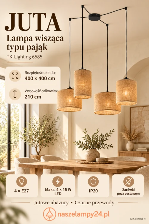 JUTA TK-Lighting 6585 to lampa sufitowa typu pająk do jadalni boho i rustykalnego salonu. Cztery cylindryczne abażury tworzą przestrzenną kompozycję. Rozpiętość układu 400 × 400 cm, wysokość 210 cm. Źródła światła 4×E27.