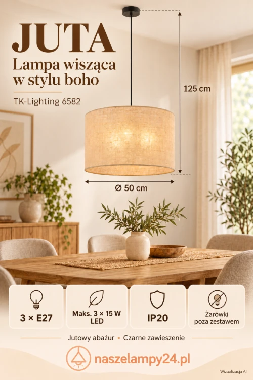 JUTA TK-Lighting 6582 to lampa wisząca do wnętrz boho, rustykalnych i scandic-eco. Jeden duży abażur mieści trzy źródła światła E27. Średnica 50 cm, czarne zawieszenie, maks. 3×15 W LED. Stopień ochrony IP20