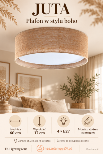 Lampa sufitowa JUTA 6584 zachwyca beżowym abażurem i prostą formą. Plafon 60 cm pasuje do wnętrz boho, rustykalnych i skandynawskich. Cztery oprawki E27 pozwalają dobrać jasność i barwę światła. Zobacz model TK-Lighting. Odkryj ten model i urządź wnętrze.