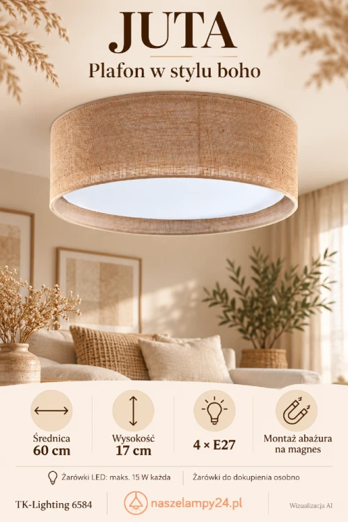 Lampa sufitowa JUTA 6584 zachwyca beżowym abażurem i prostą formą. Plafon 60 cm pasuje do wnętrz boho, rustykalnych i skandynawskich. Cztery oprawki E27 pozwalają dobrać jasność i barwę światła. Zobacz model TK-Lighting. Odkryj ten model i urządź wnętrze.