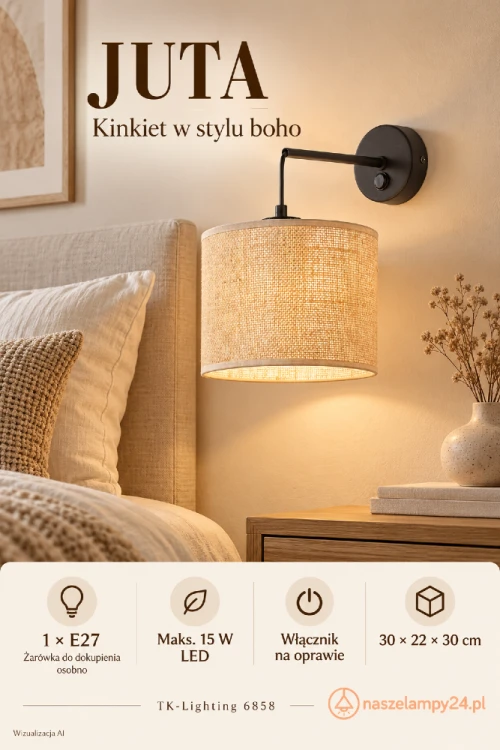 Beżowy kinkiet JUTA TK-Lighting 6858 uzupełni oświetlenie sypialni, salonu lub przedpokoju. Jutowa faktura abażura podkreśla przytulność wnętrza. Czarny stelaż dodaje wyrazistości, a gwint E27 ułatwia dobór żarówki. Zobacz kinkiet JUTA na naszelampy24.pl.