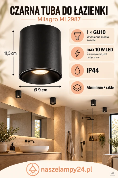 Wybierz czarny spot sufitowy Milagro ML2987 IP44. Kompaktowa tuba z aluminium i szkła sprawdzi się w nowoczesnej aranżacji łazienki. Wymienne źródło GU10 LED do 10 W pozwala dobrać barwę światła. Żarówka osobno.