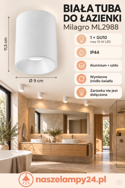 Wybierz biały spot sufitowy Milagro ML2988 z ochroną IP44. Aluminiowa oprawa ze szkłem dyskretnie komponuje się z jasnym sufitem. Trzonek GU10 pozwala dobrać żarówkę LED max 10 W do potrzeb wnętrza. Żarówka osobno.