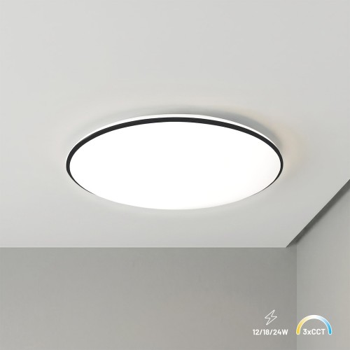 Czarny plafon HUGO Milagro ML2564 LED z wyborem mocy 12/18/24 W i barwy 3000/4000/6500 K. Do 1920 lm, szczelność IP54, średnica 29,5 cm i grubość 4,9 cm. Nowoczesne oświetlenie łazienki, holu lub biura.