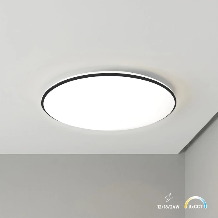 Czarny plafon HUGO Milagro ML2564 LED z wyborem mocy 12/18/24 W i barwy 3000/4000/6500 K. Do 1920 lm, szczelność IP54, średnica 29,5 cm i grubość 4,9 cm. Nowoczesne oświetlenie łazienki, holu lub biura.