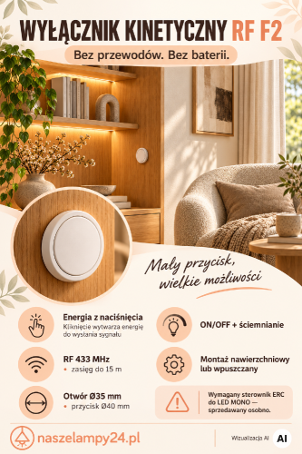 Steruj światłem za pomocą wyłącznika kinetycznego RF F2. Energia z naciśnięcia zastępuje baterię w przycisku. Komunikacja RF 433 MHz, zasięg do 15 m. Do działania wymagany sterownik ERC do LED MONO, dostępny osobno.