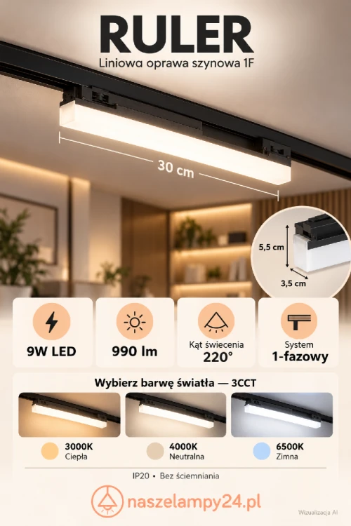 Wybierz RULER 1F – czarną oprawę LED 9W do oświetlenia szynowego. Długość 30 cm, jasność 990 lm i kąt świecenia 220° sprawdzą się w domu oraz biurze. Dopasuj barwę światła przełącznikiem 3CCT: 3000K, 4000K lub 6500K.