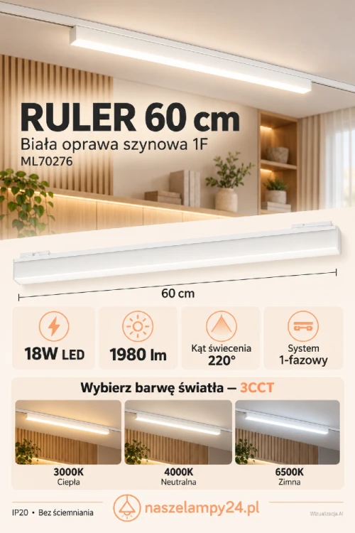 Wybierz białą oprawę RULER 60 cm do oświetlenia szynowego. LED 18W emituje 1980 lm, a szeroki kąt 220° rozprasza światło. Ustaw barwę ciepłą, neutralną lub zimną przełącznikiem 3CCT. System jednofazowy.