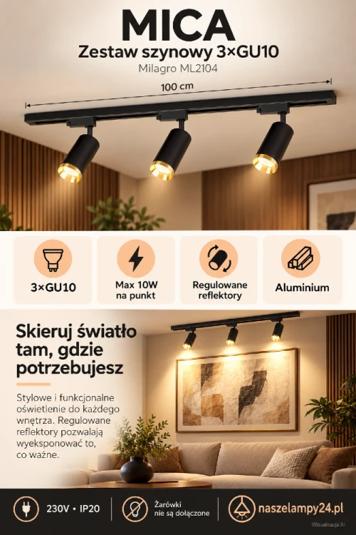 MICA ML2104 – zestaw trzech czarno-złotych reflektorów GU10 na szynie 100 cm. Skieruj światło na obraz, regał lub wybraną strefę salonu. Wymienne żarówki maks. 10W na punkt, aluminium, IP20. Źródła światła poza zestawem.