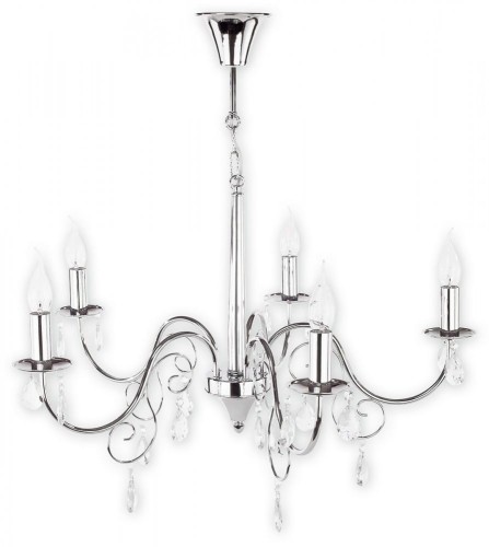Żyrandol VELIO 5xE14 chrom Lemir O1955 CH to elegancka lampa glamour z kryształowymi zawieszkami. Chromowana armatura i pięć źródeł światła tworzą efektowną dekorację salonu, jadalni oraz sypialni w klasycznym stylu.