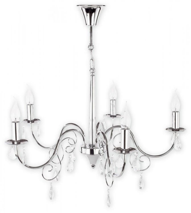 Żyrandol VELIO 5xE14 chrom Lemir O1955 CH to elegancka lampa glamour z kryształowymi zawieszkami. Chromowana armatura i pięć źródeł światła tworzą efektowną dekorację salonu, jadalni oraz sypialni w klasycznym stylu.