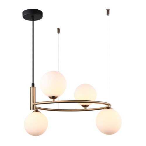Lampa sufitowa AMILY Italux MDM-3974/4 BRO zachwyca złotą oprawą i czterema białymi kloszami w formie kul. Eleganckie oświetlenie 4xG9 doskonale sprawdzi się nad stołem, w salonie, jadalni lub nowoczesnej kuchni.