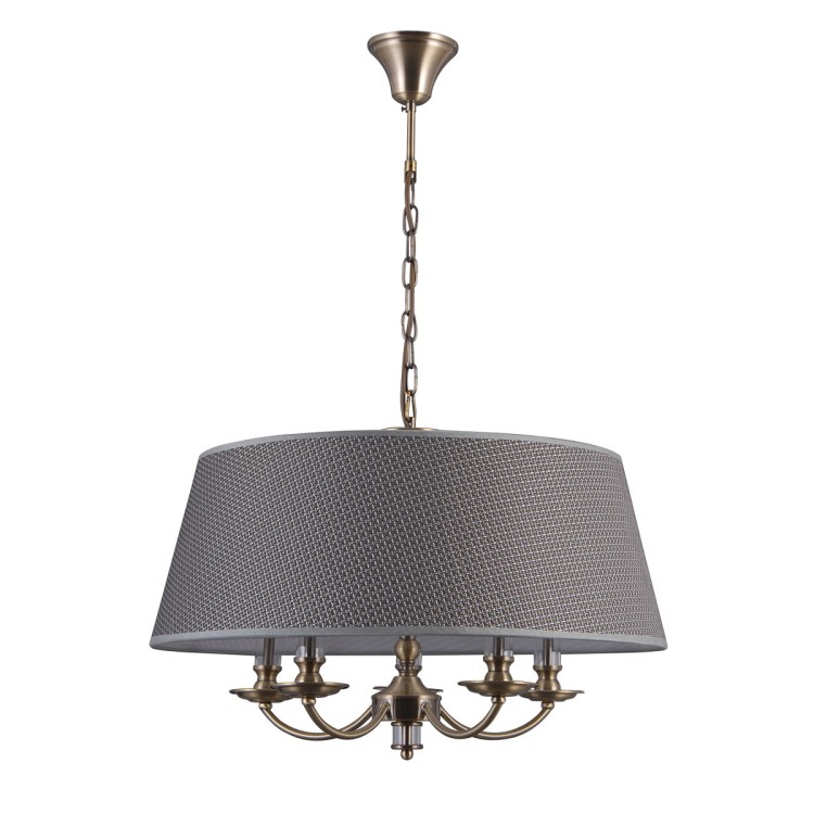 Żyrandol ZANOBI Italux w kolorze antycznego brązu z szarym abażurem. Pięć oprawek E14, średnica 60 cm i wysokość 89 cm. Elegancka lampa wisząca do salonu, jadalni lub sypialni w stylu klasycznym i modern classic.