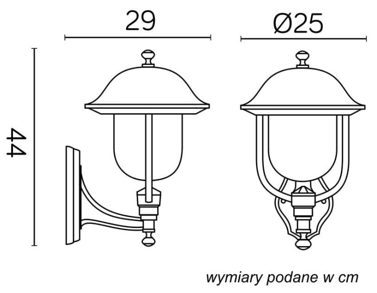 Kinkiet zewnętrzny PRINCE 44 cm wysokość duży elewacyjny z aluminium. Klosz przezroczysty. Klosz z poliwęglanu. Możliwość wykonania opraw w eleganckiej patynie: mosiądz, srebro, miedź, zieleń i antyk
