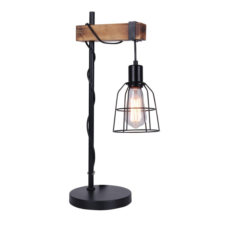 Lampa stołowa PONTE czarna z drewnem to stylowe oświetlenie w stylu industrialnym i retro. Idealna do sypialni, salonu lub biura. Metalowa konstrukcja i klatkowy klosz tworzą wyjątkowy klimat z dekoracyjną żarówką.