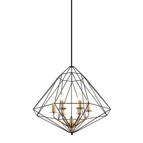 Lampa wisząca MARESMO Italux 6xE14 łączy czarny metal ze złotymi detalami. Geometryczny, ażurowy klosz o średnicy 65 cm efektownie prezentuje się nad stołem, wyspą kuchenną lub w salonie. Wysokość regulowana do 119 cm.