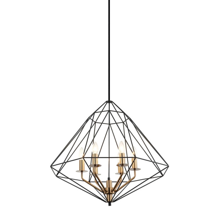 Lampa wisząca MARESMO Italux 6xE14 łączy czarny metal ze złotymi detalami. Geometryczny, ażurowy klosz o średnicy 65 cm efektownie prezentuje się nad stołem, wyspą kuchenną lub w salonie. Wysokość regulowana do 119 cm.