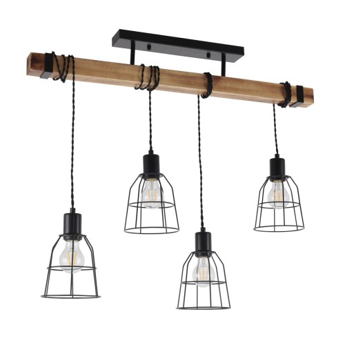 Lampa wisząca PONTE Italux 4xE27 łączy naturalne drewno z czarnym metalem. Cztery ażurowe klosze tworzą loftową kompozycję nad stołem, wyspą kuchenną lub barkiem. Wysokość lampy wynosi 62 cm.