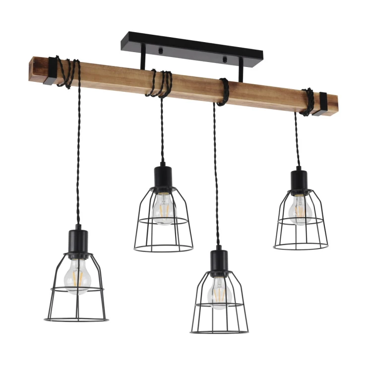 Lampa wisząca PONTE Italux 4xE27 łączy naturalne drewno z czarnym metalem. Cztery ażurowe klosze tworzą loftową kompozycję nad stołem, wyspą kuchenną lub barkiem. Wysokość lampy wynosi 62 cm.
