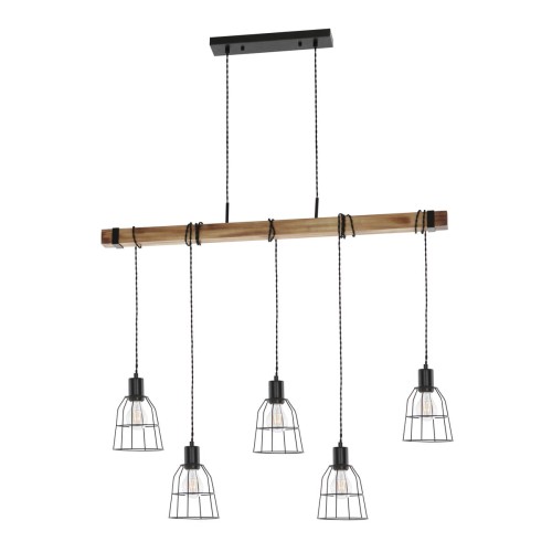 Lampa wisząca PONTE Italux PND-4290-5-L łączy czarny metal z naturalnym drewnem. Pięć klatkowych kloszy E27 tworzy układ 3 + 2. Podłużna oprawa o długości 100 cm sprawdzi się nad stołem, wyspą kuchenną lub barkiem.