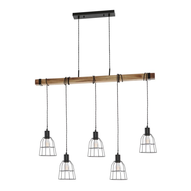 Lampa wisząca PONTE Italux PND-4290-5-L łączy czarny metal z naturalnym drewnem. Pięć klatkowych kloszy E27 tworzy układ 3 + 2. Podłużna oprawa o długości 100 cm sprawdzi się nad stołem, wyspą kuchenną lub barkiem.