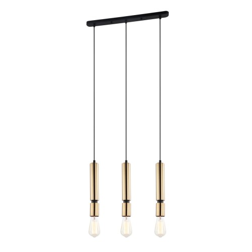 Lampa wisząca TORLA Italux z 3 oprawkami E27. Mosiężne klosze, czarne przewody i podłużna podsufitka tworzą elegancką kompozycję nad stół lub wyspę. Długość 49 cm, wysokość 105 cm z możliwością skrócenia.