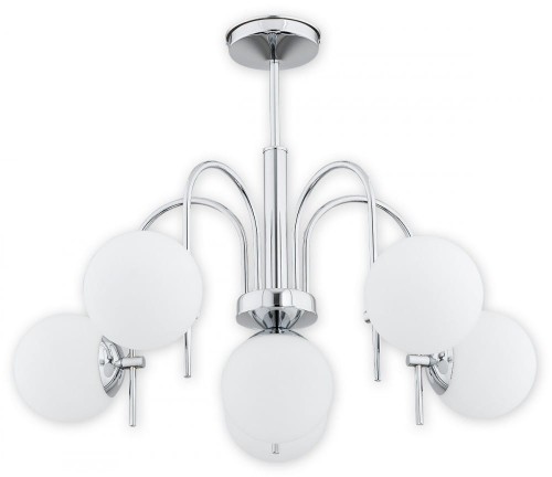 Lampa sufitowa APE 6xE14 chrom Lemir to eleganckie oświetlenie z sześcioma białymi kulami ze szkła. Chromowana konstrukcja i podział świecenia 5+1 sprawiają, że idealnie sprawdzi się w salonie, jadalni oraz nowoczesnej sypialni.