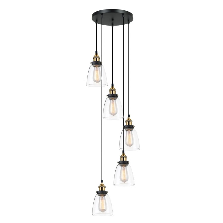 Lampa wisząca FRANCIS Italux to efektowna kaskada 5 szklanych kloszy, idealna nad schody i na antresolę. Czarno-złota oprawa, wysokość do 156,5 cm i trzonki E27 podkreślają jej loftowy oraz retro charakter.
