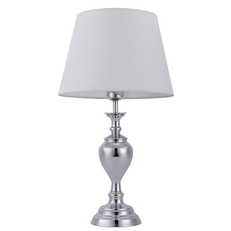 Stylowa lampa ETIEN z chromowaną podstawą i białym abażurem to klasyczne oświetlenie do eleganckich wnętrz. Pasuje do salonu, biura i gabinetu. E27 max 60W, wys. 52,5 cm