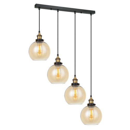 Lampa wisząca CARDENA Italux zachwyca 4 bursztynowymi kloszami w kaskadowym układzie. Czarno-złota oprawa retro doskonale prezentuje się nad stołem, wyspą kuchenną lub barkiem. Model wykorzystuje żarówki E27.